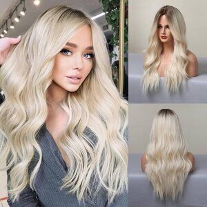 HAIRCUBE Long Blonde Wigs for Women Synthetic Curly Wavy Hair